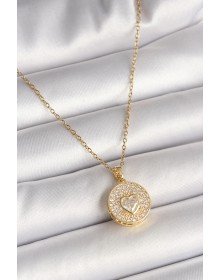 316L Çelik Gold Renk Zincir Madalyon Zirkon Taşlı Kalp Model Kadın Kolye