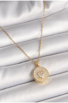 316L Çelik Gold Renk Zincir Madalyon Zirkon Taşlı Kalp Model Kadın Kolye