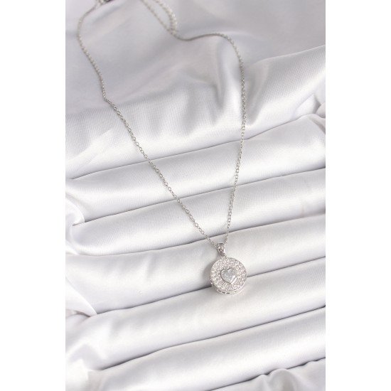 316L Çelik Gümüş Renk Zincir Zirkon Taşlı Kalp İşlemeli Madalyon Model Kadın Kolye