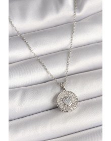 316L Çelik Gümüş Renk Zincir Zirkon Taşlı Kalp İşlemeli Madalyon Model Kadın Kolye