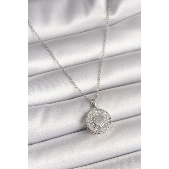 316L Çelik Gümüş Renk Zincir Zirkon Taşlı Kalp İşlemeli Madalyon Model Kadın Kolye