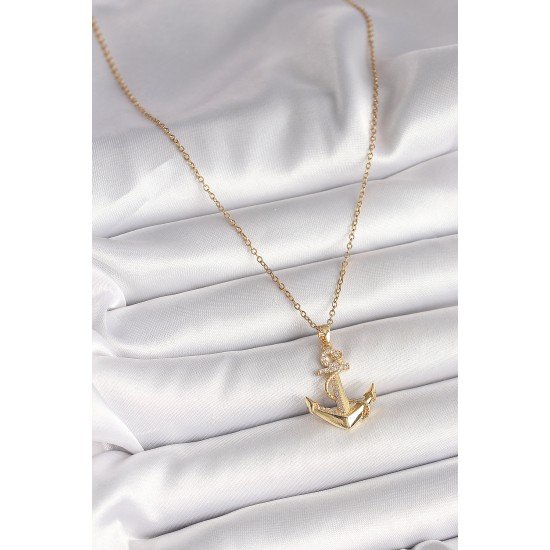 316L Çelik Gold Renk Zincir Zirkon Taş Detaylı Çapa Model Kadın Kolye