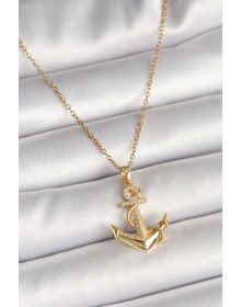 316L Çelik Gold Renk Zincir Zirkon Taş Detaylı Çapa Model Kadın Kolye