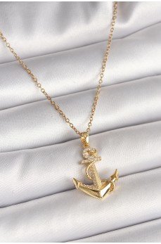 316L Çelik Gold Renk Zincir Zirkon Taş Detaylı Çapa Model Kadın Kolye