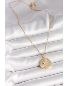 316L Çelik Gold Renk Zincir Zirkon Taşlı Ay Güneş İşlemeli Madalyon Model Kadın Kolye