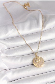 316L Çelik Gold Renk Zincir Zirkon Taşlı Ay Güneş İşlemeli Madalyon Model Kadın Kolye