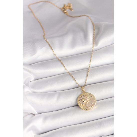 316L Çelik Gold Renk Zincir Zirkon Taşlı Ay Güneş İşlemeli Madalyon Model Kadın Kolye