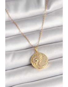 316L Çelik Gold Renk Zincir Zirkon Taşlı Ay Güneş İşlemeli Madalyon Model Kadın Kolye