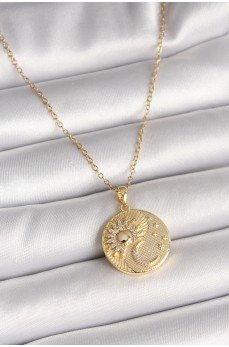 316L Çelik Gold Renk Zincir Zirkon Taşlı Ay Güneş İşlemeli Madalyon Model Kadın Kolye