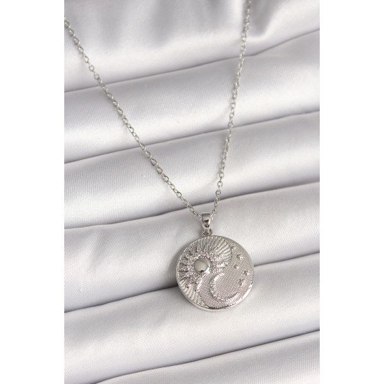 316L Çelik Gümüş Renk Zincir Zirkon Taşlı Ay Güneş İşlemeli Madalyon Model Kadın Kolye