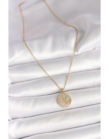 316L Çelik Gold Renk Zincir Zirkon Taş İşlemeli Mavi Taş Detaylı Madalyon Model Kadın Kolye
