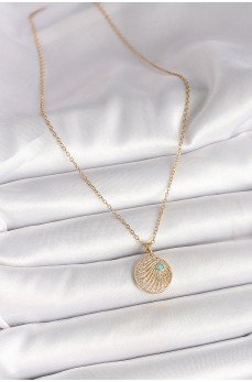 316L Çelik Gold Renk Zincir Zirkon Taş İşlemeli Mavi Taş Detaylı Madalyon Model Kadın Kolye