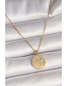 316L Çelik Gold Renk Zincir Zirkon Taş İşlemeli Mavi Taş Detaylı Madalyon Model Kadın Kolye