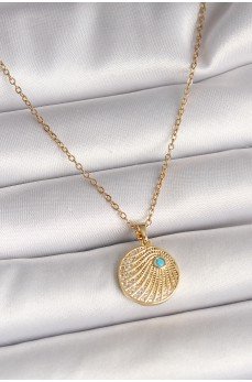 316L Çelik Gold Renk Zincir Zirkon Taş İşlemeli Mavi Taş Detaylı Madalyon Model Kadın Kolye