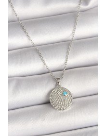 316L Çelik Gümüş Renk Zincir Zirkon Taşlı Mavi Taş Detaylı Madalyon Model Kadın Kolye