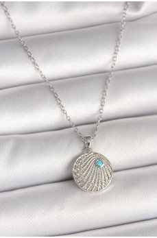 316L Çelik Gümüş Renk Zincir Zirkon Taşlı Mavi Taş Detaylı Madalyon Model Kadın Kolye