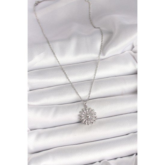 316L Çelik Gümüş Renk Zincir Zirkon Taşlı Güneş Model Kadın Kolye