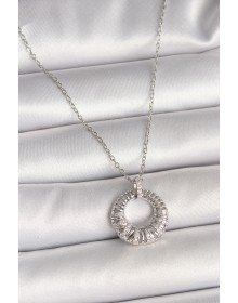 316L Çelik Gümüş Renk Zincir Zirkon Taş İşlemeli Daire Model Kadın Kolye