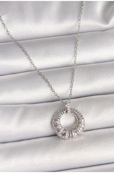 316L Çelik Gümüş Renk Zincir Zirkon Taş İşlemeli Daire Model Kadın Kolye