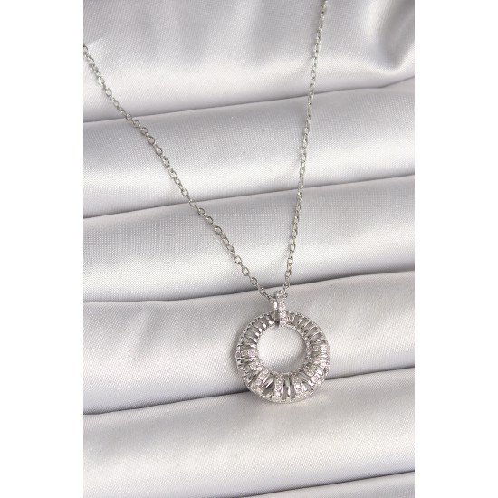316L Çelik Gümüş Renk Zincir Zirkon Taş İşlemeli Daire Model Kadın Kolye
