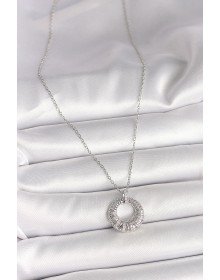 316L Çelik Gümüş Renk Zincir Zirkon Taş İşlemeli Daire Model Kadın Kolye