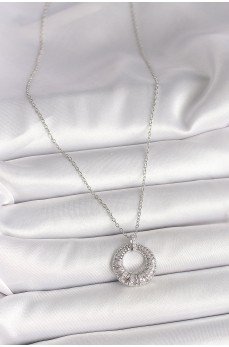 316L Çelik Gümüş Renk Zincir Zirkon Taş İşlemeli Daire Model Kadın Kolye
