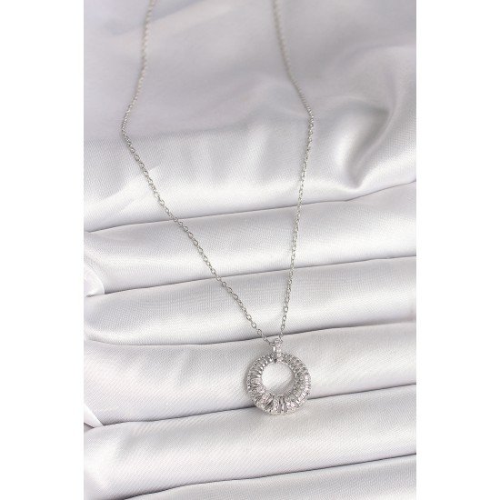 316L Çelik Gümüş Renk Zincir Zirkon Taş İşlemeli Daire Model Kadın Kolye