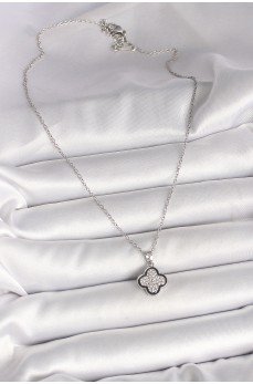 316L Çelik Gümüş Renk Zincir Zirkon Taşlı Yonca Model Kadın Kolye