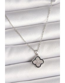 316L Çelik Gümüş Renk Zincir Zirkon Taşlı Yonca Model Kadın Kolye