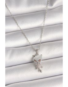 316L Çelik Gümüş Renk Zincir Zirkon Taşlı Kedi Model Kadın Kolye