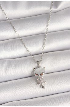 316L Çelik Gümüş Renk Zincir Zirkon Taşlı Kedi Model Kadın Kolye