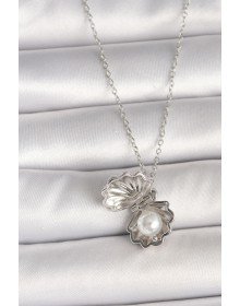 316L Çelik Gümüş Renk Zincir Açılır İncili Midye Model Kadın Kolye