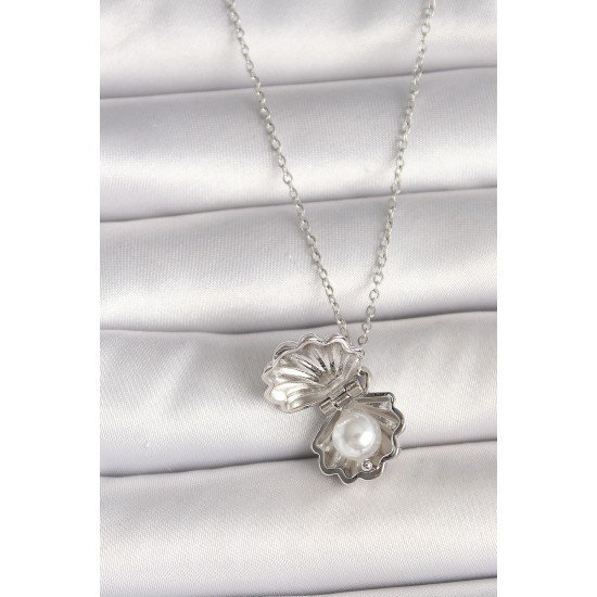 316L Çelik Gümüş Renk Zincir Açılır İncili Midye Model Kadın Kolye