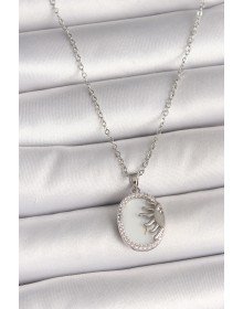 316L Çelik Gümüş Renk Zincir Beyaz Mineli Gün Batımı Model Zirkon Taş Detaylı Kadın Kolye