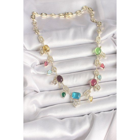 Pirinç Gold Renk Renli Zirkon Taşlı VIP Seri Kadın Kolye