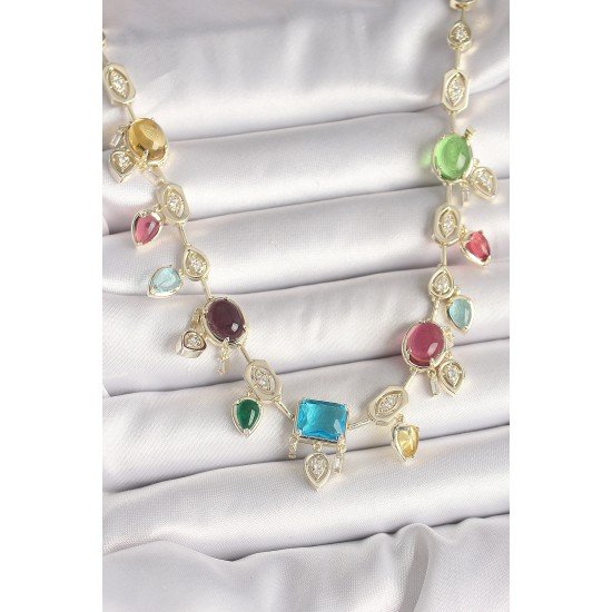 Pirinç Gold Renk Renli Zirkon Taşlı VIP Seri Kadın Kolye