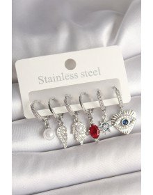 Pirinç Gümüş Renk Zirkon Taşlı Fatma Ana El Figür Kadın Küpe Seti