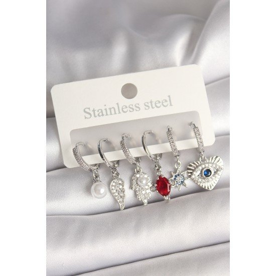 Pirinç Gümüş Renk Zirkon Taşlı Fatma Ana El Figür Kadın Küpe Seti Pirinç Gümüş Renk Zirkon Taşlı Fatma Ana El Figür Kadın Küpe Seti