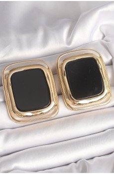 Pirinç Gold Renk Siyah Mineli Kare Model Kadın Küpe