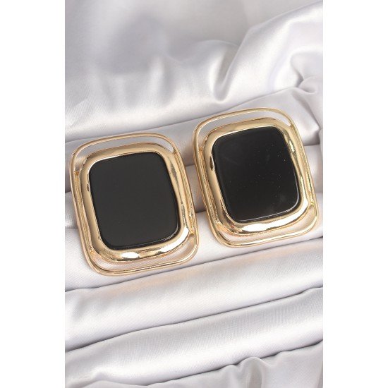 Pirinç Gold Renk Siyah Mineli Kare Model Kadın Küpe
