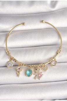 Pirinç Gold Renk Sallantı Zirkon Taşlı AYıcık Figür Kalp Detay Charm Kadın Bileklik