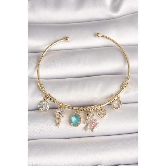 Pirinç Gold Renk Sallantı Zirkon Taşlı AYıcık Figür Kalp Detay Charm Kadın Bileklik