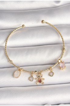 Pirinç Gold Renk Sallantı Zirkon Taşlı Ayıcık Figür Kırmızı Kalp Detay Charm Kadın Bileklik