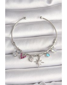 Pirinç Gümüş Renk Sallantı Zirkon Taşlı Kutup Yıldız Figür Kalp Detay Charm Kadın Bileklik