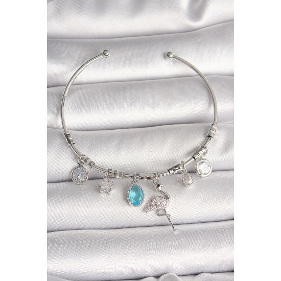 Pirinç Gümüş Renk Sallantı Zirkon Taşlı Filaminga Figür Charm Kadın Bileklik