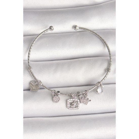 Pirinç Gümüş Renk Sallantı Zirkon Taşlı Ayıcık Figür Taç Detay Charm Kadın Bileklik