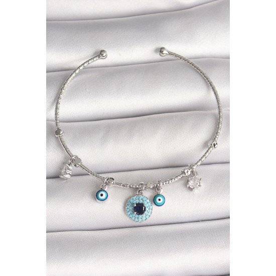 Pirinç Gümüş Renk Sallantı Zirkon Taşlı Nazar Boncuk Figür Charm Kadın Bileklik