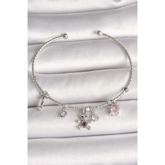 Pirinç Gümüş Renk Sallantı Zirkon Taşlı Ayıcık Figür Kırmızı Taş Detay Charm Kadın Bileklik