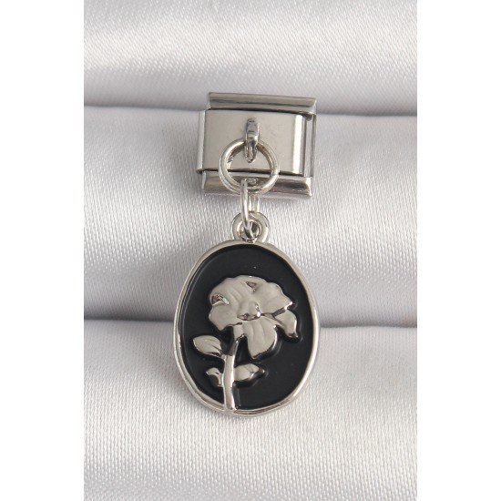 316L Çelik Gümüş Renk Gümüş Çiçek İşlemeli Siyah Portre Model Nomination Charm 316L Çelik Gümüş Renk Gümüş Çiçek İşlemeli Siyah Portre Model Nomination Charm