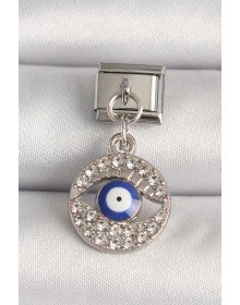 316L Çelik Gümüş Renk Zirkon Taşlı Göz Model Nazar Boncuk Detay Nomination Charm